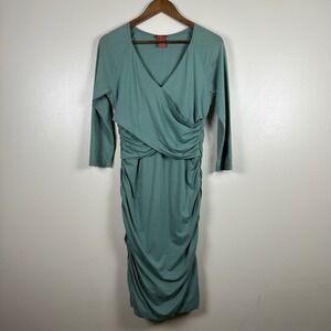 Sundance Women's Medium Midi Dress Sage Green Ruched Wrap V-Neck 3/4 Sleeve